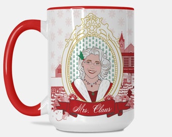 Mrs Claus Portrait Mug, Unique Christmas Holiday Décor with Original Illustrations of Mrs Claus and Downtown North Pole