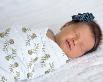 Gold and Navy Floral Swaddle Blanket, Elegant Cozy Jersey Fleece or Minky Blanket Gift for kids toddler and newborn baby girl gift