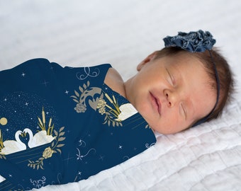 Starry Swan Navy Blue Gender Neutral Star Swaddle Blanket, Jersey Minky or Fleece Blanket Gift for kids toddler and newborn baby boy gift