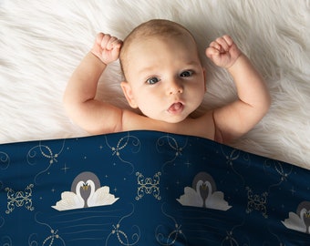 Starry Swan Navy Blue Gender Neutral Star Swaddle Blanket, Jersey Minky or Fleece Blanket Gift for kids toddler and newborn baby boy gift