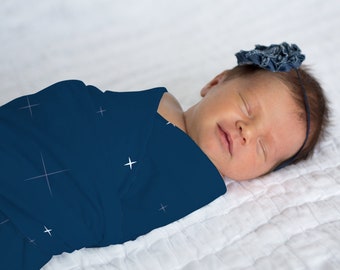 Starry Sky Navy Blue Gender Neutral Star Swaddle Blanket, Jersey Minky or Fleece Blanket Gift for kids toddler and newborn baby boy gift