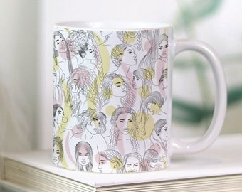 Minimalist Feminine Line Art Coffee Mug with Subtle Abstract Pink and Yellow Elements, Best Friend Birthday Gift for Her, Feminist Art