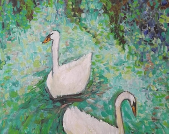 Swans oil on paper incl frame
