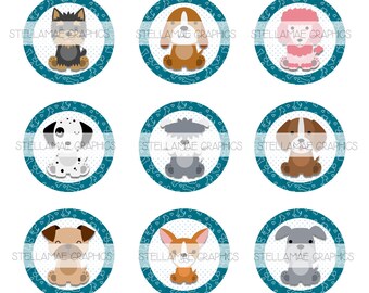 Cachorros - Imágenes circulares de 2,5 cm, tapas de botellas, adornos para cupcakes - DESCARGA INSTANTÁNEA