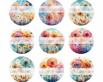 May include: A set of 15 watercolor illustrations of dandelions in various shades of pink, orange, yellow, and blue. The illustrations are circular and feature the text "Stellamae Graphic" or "Lamae Graphics".