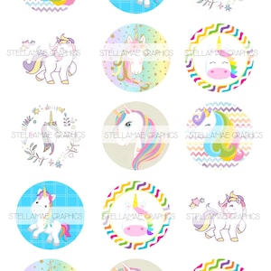 Unicorns - 1 inch circle images, bottlecap, cupcake topper - INSTANT DOWNLOAD