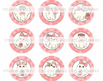 May include: Twelve pink and white polka dot circle stickers with cute cartoon ghost illustrations. Each ghost is wearing a pink bow and holding a pumpkin or flowers. The text "STELLAMAE GRAPHICS" is printed on each sticker.