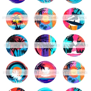 May include: Twelve colorful round digital illustrations featuring palm trees, sunsets, and ocean waves. The illustrations are in a variety of colors, including blue, green, orange, pink, and purple. The text "STELLAMAE GRAPHICS" appears at the bottom of each illustration.