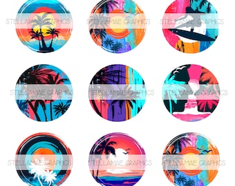 beach sunset - 1 inch circle images, bottlecap, cupcake topper - INSTANT DOWNLOAD