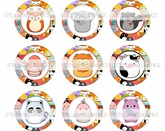 May include: A sheet of circular stickers featuring various cartoon animals, including a bee, cat, and frog. Each sticker has a white border and is set against a colorful background with the text "STELLAMAE GRAPHICS".