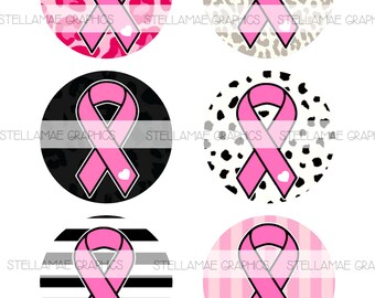 Breast Cancer Ribbons - 3 inch circle images, bottlecap, cupcake topper - INSTANT DOWNLOAD