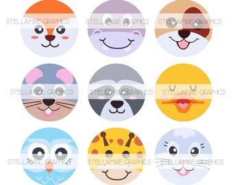 May include: A collection of colorful, circular animal face graphics. Each graphic features a different animal, including a pig, chicken, cow, fox, hippo, dog, mouse, raccoon, duck, owl, giraffe, seal, cat, and a moon-like face. The text "STELLAMAE GRAPHICS" is present.