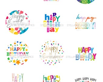 May include: A collection of colorful birthday-themed graphics. The designs include the words "Happy Birthday" in various fonts and styles, along with decorative elements like balloons, confetti, and a gift box. The color palette is vibrant and playful.