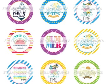 Summer - 1 inch circle images, bottlecap, cupcake topper - INSTANT DOWNLOAD
