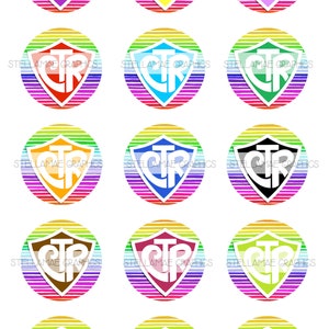 May include: Twelve colorful circle stickers with a white shield design featuring the letters "CTR" inside. Each sticker has a rainbow striped background.