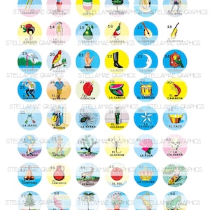 Mexican Loteria (1-60) -  12mm circle images - INSTANT DOWNLOAD