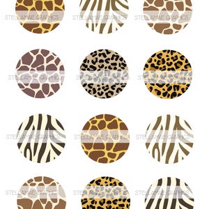 May include: Twelve circular designs featuring animal print patterns, including giraffe, zebra, and leopard spots. The designs are in shades of brown, tan, and black. The text "STELLAMAE GRAPHICS" is printed on each circle.