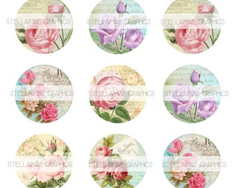 May include: Twelve round digital scrapbook paper designs featuring vintage floral illustrations with pink, purple, and white roses on a background of faded text and pastel colors.