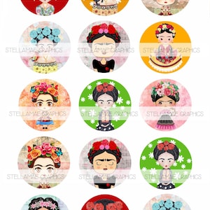 Frida - 1 inch circle images, bottlecap, , cupcake topper - INSTANT DOWNLOAD