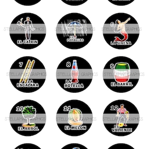 Mexikanische Loteria Bündel (1-60) - 1 Zoll Kreise Bilder auf Schwarz, Flaschenverschluss, Cupcake Topper - INSTANT DOWNLOAD