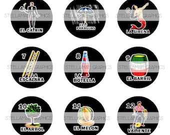 Mexican Loteria bundle (1-60) -  1 inch circle images on black, bottlecap, cupcake topper - INSTANT DOWNLOAD