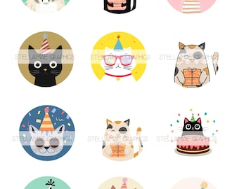 May include: A collection of twelve circular digital illustrations featuring various cats in birthday-themed attire, including party hats, cakes, and gifts. Each graphic displays the text STELLAMAE GRAPHICS overlaid across the center of the image.