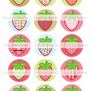 May include: Twelve printable circle stickers featuring a red strawberry with different patterned designs. The strawberries have green leaves and are on a variety of colored backgrounds including green, blue, pink, and gold.