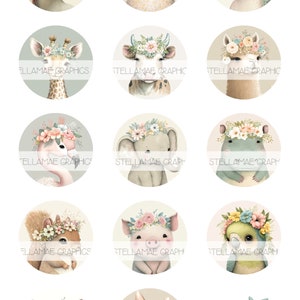 Animales bebés florales - imágenes circulares de 1 pulgada, guardería, tapa de botella, adorno para cupcakes - DESCARGA INSTANTÁNEA