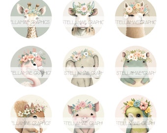 May include: Twelve illustrated animal images with floral crowns. Each image is a circle with a light background and features a different animal, including a unicorn, duck, llama, giraffe, cow, alpaca, flamingo, elephant, hippopotamus, squirrel, pig, deer, rabbit, and shark.