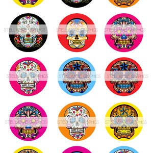 May include: Twelve colorful round stickers featuring sugar skull designs. Each sticker has a different background color and a unique sugar skull design with floral patterns and embellishments.