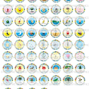 Lotería mexicana (1-60) con borde de cartas redondas - Hoja de 8,5 x 11, imágenes circulares de 1 pulgada, tapa de botella, adorno para cupcakes - DESCARGA INSTANTÁNEA