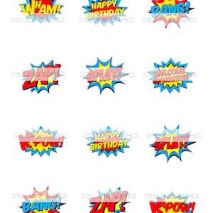 Superheldenwoorden - cirkelafbeeldingen van 2 inch, kroonkurk, cupcaketopper - INSTANT DOWNLOAD