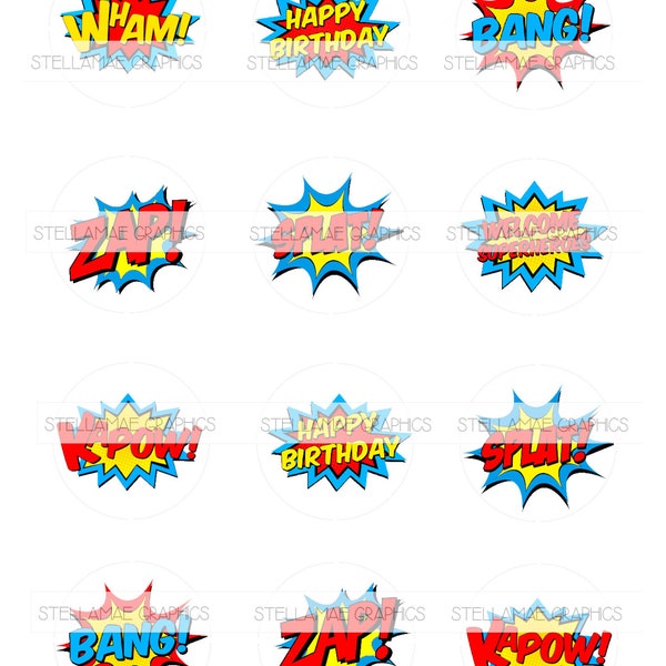 superhero words - 2 inch circle images, bottlecap, cupcake topper - INSTANT DOWNLOAD