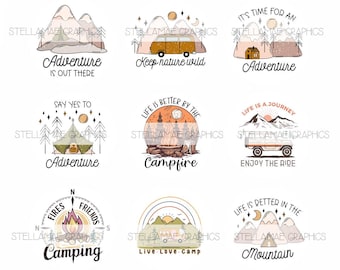 May include: A collection of camping and adventure-themed graphics. Designs include a camper van, mountains, a campfire, and text such as "Adventure is out there" and "Camp Life". The illustrations are in a watercolor style.
