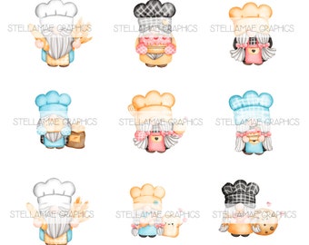 May include: A collection of watercolor illustrations featuring chef gnomes. Each gnome wears a chef's hat and apron, holding items like bread, cakes, and baking tools. The gnomes have long white beards and are in various colors.