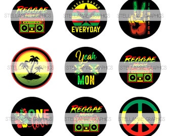 May include: Twelve round stickers with a Jamaican theme. The stickers feature images of palm trees, peace signs, a boombox, marijuana leaves, and the words "Reggae Music", "One Love", "Yeah Mon", and "Welcome to Jamaica Caribbean Paradise".