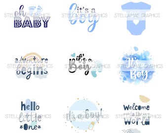 May include: A set of 10 blue and white baby shower graphics with text such as "It's a Boy", "Baby Boy", "Adventure Begins", and "Welcome to the World".