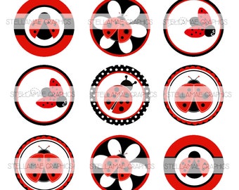 May include: Twelve printable cupcake toppers featuring a red ladybug with black spots on a white background. The ladybugs are surrounded by various black and white patterns, including polka dots, gingham, and a daisy.