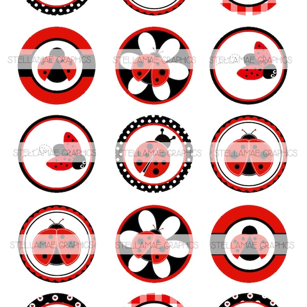 ladybugs - 1 inch circle images, bottlecap, cupcake topper - INSTANT DOWNLOAD