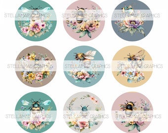 floral bees - 1 inch circle images, 25mm, bottlecap, cupcake topper - INSTANT DOWNLOAD