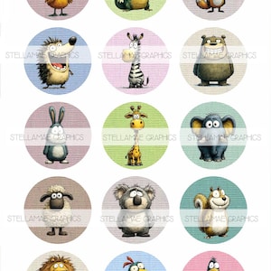 May include: A collection of cartoon animal illustrations, including a duck, crocodile, fox, hedgehog, zebra, bear, rabbit, giraffe, elephant, sheep, koala, squirrel, lion, bird, and penguin. Each animal is on a circular background with the text "STELLAMAE GRAPHICS".