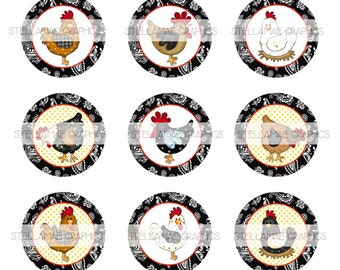 Pollos - Imágenes de círculos de 1 pulgada, tapas de botellas, adornos para cupcakes - DESCARGA INSTANTÁNEA