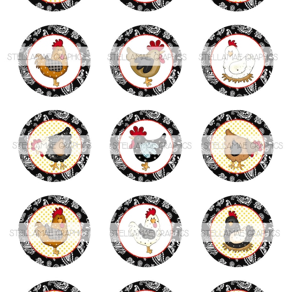 chickens - 1 inch circle images, bottlecap, cupcake topper - INSTANT DOWNLOAD