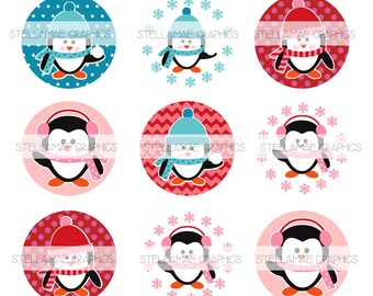 May include: Twelve round printable cupcake toppers featuring a penguin wearing a winter hat and scarf. The penguins are on different colored backgrounds with polka dots, chevron patterns, and snowflakes.