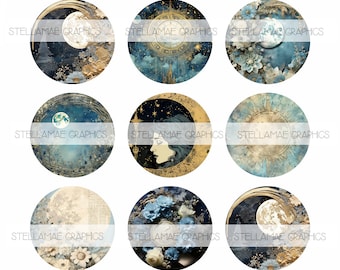 May include: A collection of round digital art prints featuring celestial and floral designs in shades of blue, gold, and cream. Each print includes a moon, stars, and floral elements. The text "STELLAMAE GRAPHICS" is present on each print.