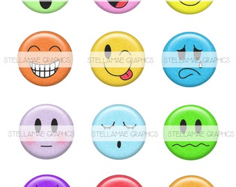 May include: Set of 12 colorful emoji-style smiley faces with different expressions. The faces are round and have a glossy finish.