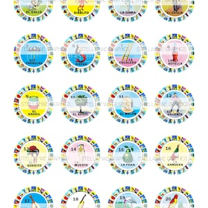 Lotería Mexicana (1-60) con borde de cartas redondas - Hoja de 8.5x11, imágenes circulares de 40 mm, tapa de botella, adorno para cupcakes - DESCARGA INSTANTÁNEA
