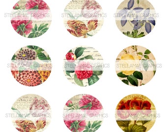 Botánicos vintage - Imágenes de círculos de 1 pulgada, tapas de botellas, imágenes de tapas de botellas - DESCARGA INSTANTÁNEA