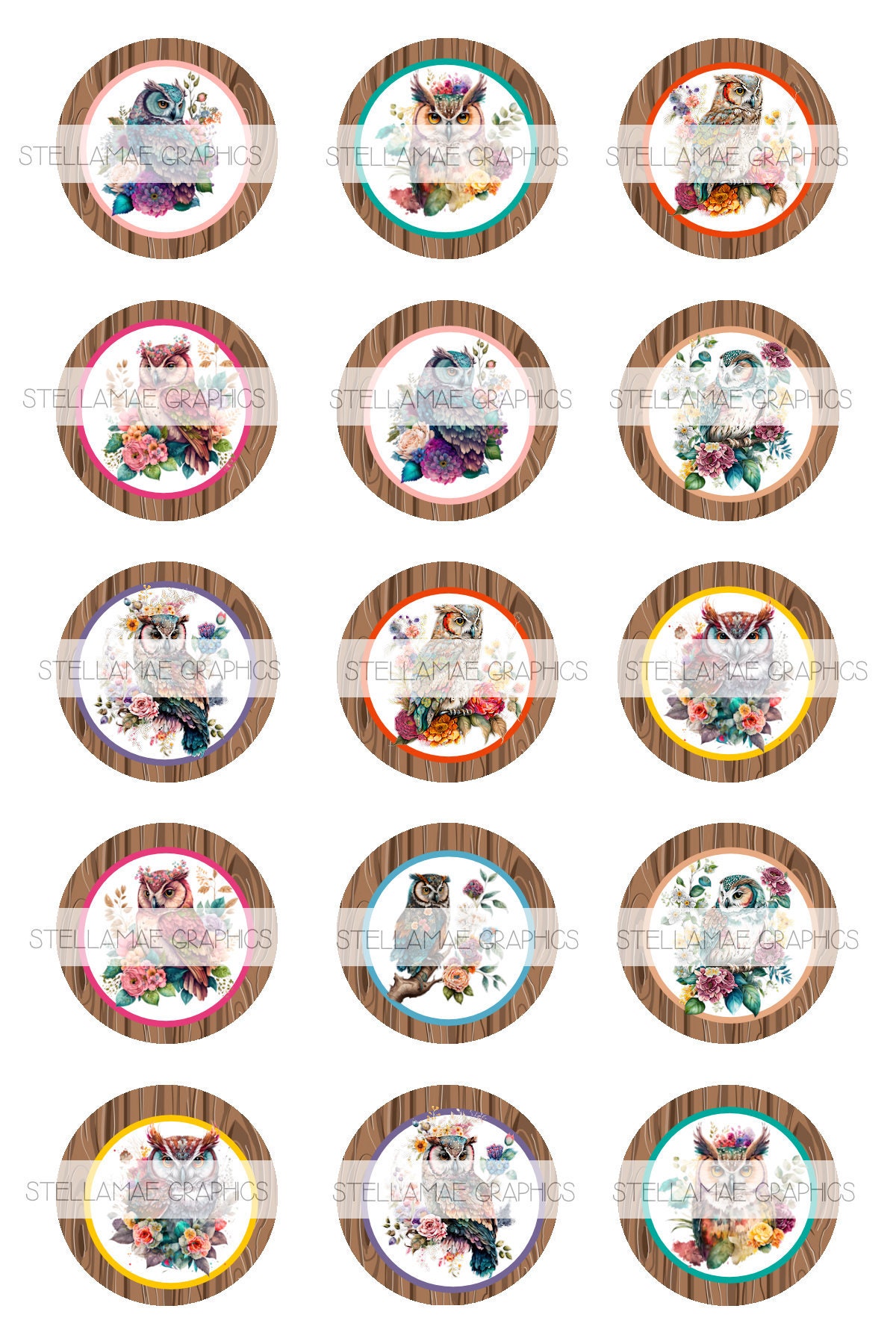 Floral Owls - 1 inch circle images, bottlecap, cupcake topper - INSTANT DOWNLOAD