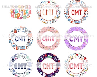 May include: A collection of circular graphics with medical themes. Each circle features the letters "CMT" or "CMI" in various colors and fonts, surrounded by medical-related illustrations like stethoscopes and syringes. The words "Certified Med Tech" are also present.